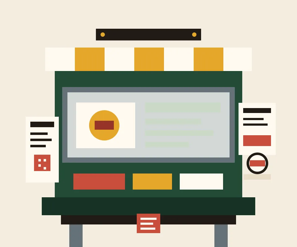 An illustrated neighbourhood food counter moving one order from a phone to a clearly numbered pickup ticket.